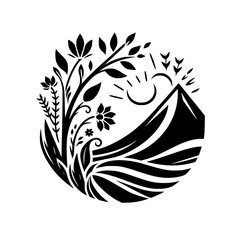 Fototapeta premium A minimalist black and white circular design showcasing a mountain peak bathed in sunshine, surrounded by floral and botanical elements.