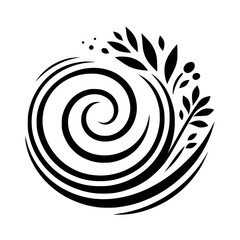 Abstract Monochrome Design of a Spiraling Vortex Combined with Floral Elements, Creating a Harmonious Composition on White.