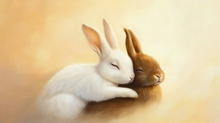 Obraz premium Two adorable rabbits, one white and one brown, cuddling affectionately against a soft, warm background, evoking feelings of love and companionship.