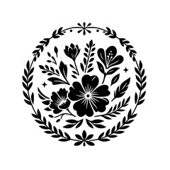 Intricate Black and White Floral Wreath Design: A Circular Arrangement of Blooms, Leaves, and Decorative Elements on a Clean White Backdrop, Illustrating a Sense of Elegance.
