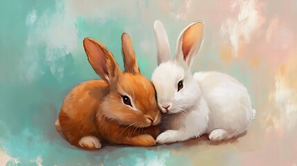 Fototapeta premium Two cute rabbits, one orange and one white, snuggling together on a colorful background, perfect for animal lovers and children's artwork.