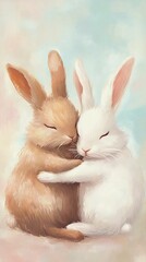 Obraz premium Two adorable rabbits, one brown and one white, hugging each other, displaying love and affection, perfect for cute and whimsical themes.