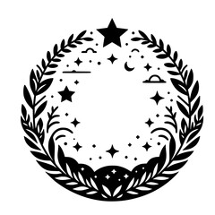 Fototapeta premium Celestial Wreath: A Black and White Design Featuring Stars, Crescent Moons, Clouds, and Foliage Within a Circular Composition.