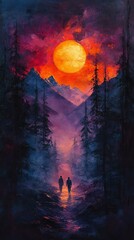A serene sunset scene featuring two silhouettes walking amidst tall trees and silhouetted mountains under a vibrant orange sun.