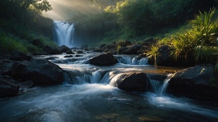 Serene waterfall cascading into a tranquil stream surrounded by lush greenery.