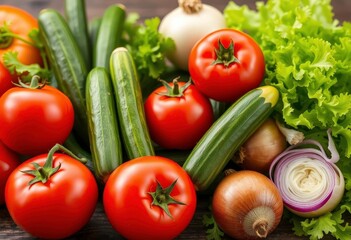 Vibrant still life of ripe tomatoes, crisp cucumbers, onions, parsley & lettuce, lettuce, cooking ingredients