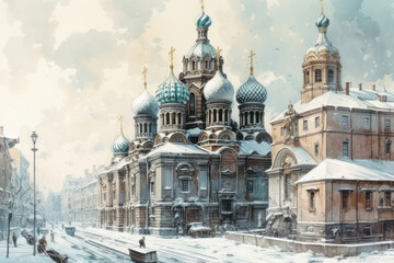 winter cityscape with an architectural ensemble including an Orthodox cathedral with characteristic onion-shaped domes covered with snow.  
