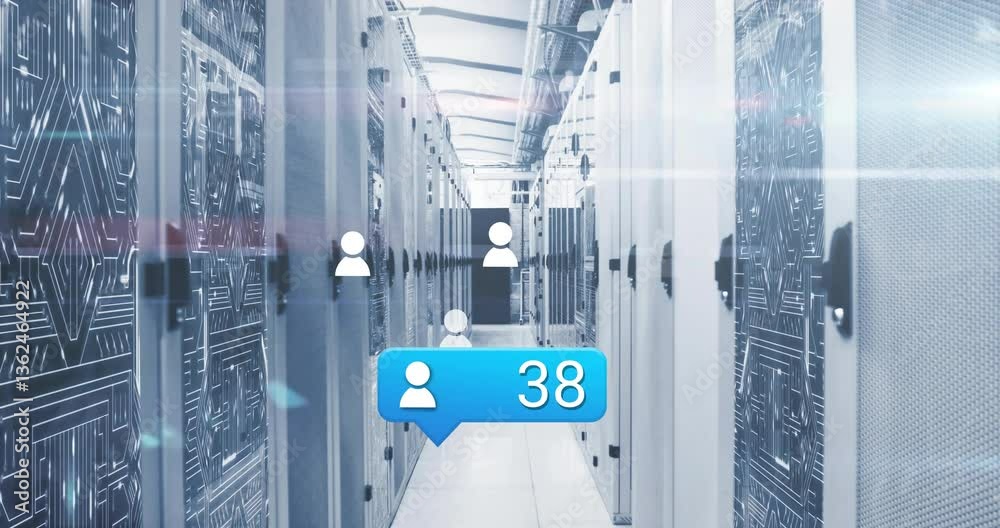 Poster digital user icons and data processing animation over server room corridor