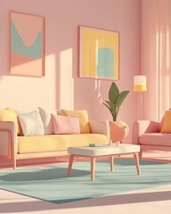 Bright pastel living room interior with modern furniture, wall art, and sunlight casting soft shadows across a serene, cozy space. AI generative.