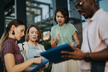 A diverse group of business professionals in a city setting, actively engaged in a meeting, showcasing teamwork and collaboration. The scene emphasizes diversity and modern business dynamics.