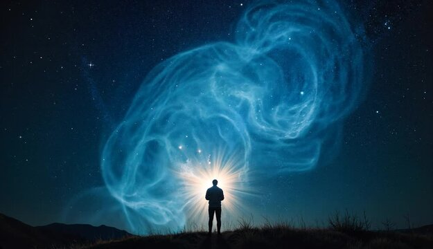 A stunning display of smooth energy shimmering in the night sky with a silhouette of a person
