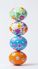 Colorful decorated Easter eggs stacked on top of each other, featuring floral patterns and vibrant colors, perfect for spring and holiday celebrations.
