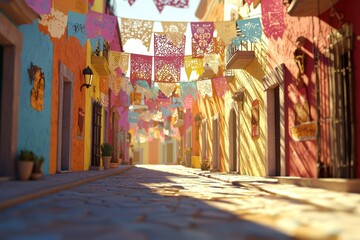 Naklejka premium Mexican street celebrating cinco de mayo with colorful papel picado