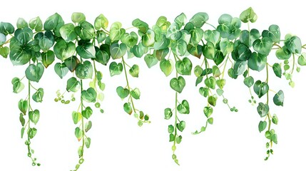 Cascading green heart-shaped leaves create natural border design, watercolor botanical illustration on white background, isolated decorative element for nature-inspired layouts.