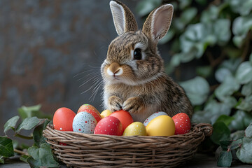Easter Cute bunny peeks over colorful eggs in a basket, greenery backdrop