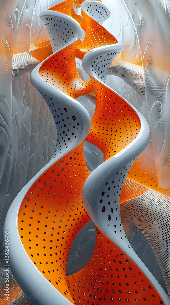 Poster abstract wavy perforated structure in white and orange colors creating dynamic flowing composition w