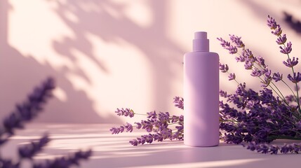 Lavender essential oil bottle with flowers