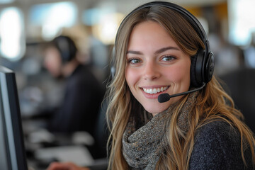 Support Specialist: A cheerful and professional support specialist with a headset on, offering a warm smile, ready to provide assistance, representing customer service and technical support.