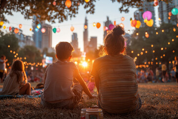 Fototapeta premium Outdoor festival at sunset with children watching lanterns