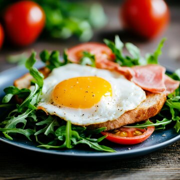 Italy breakfast food with fried bio egg on rocula with tomato