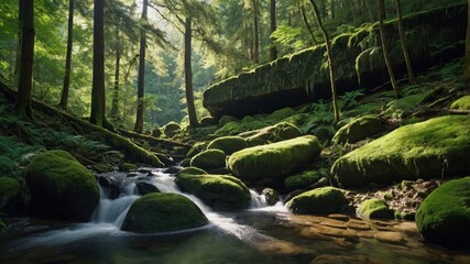A serene forest scene featuring moss-covered rocks and a gentle stream.