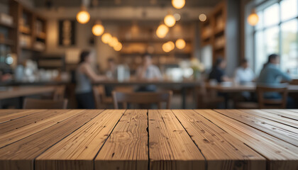 Wood table top with Restaurant cafe or coffee shop interior for montage product display background 2
