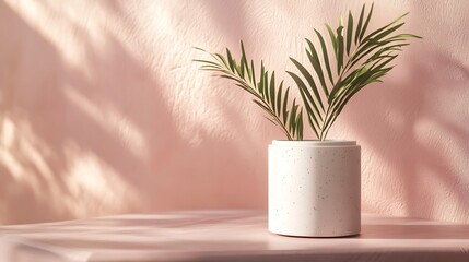 Palm leaves in a white pot against a pink wall with sunlight shadows.