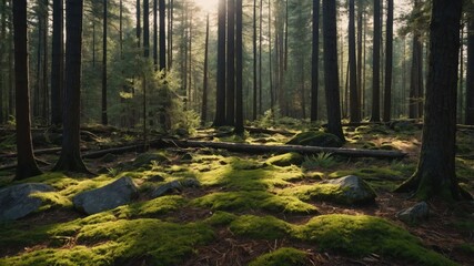 Obraz premium A serene forest scene with tall trees, moss-covered ground, and soft sunlight filtering through.