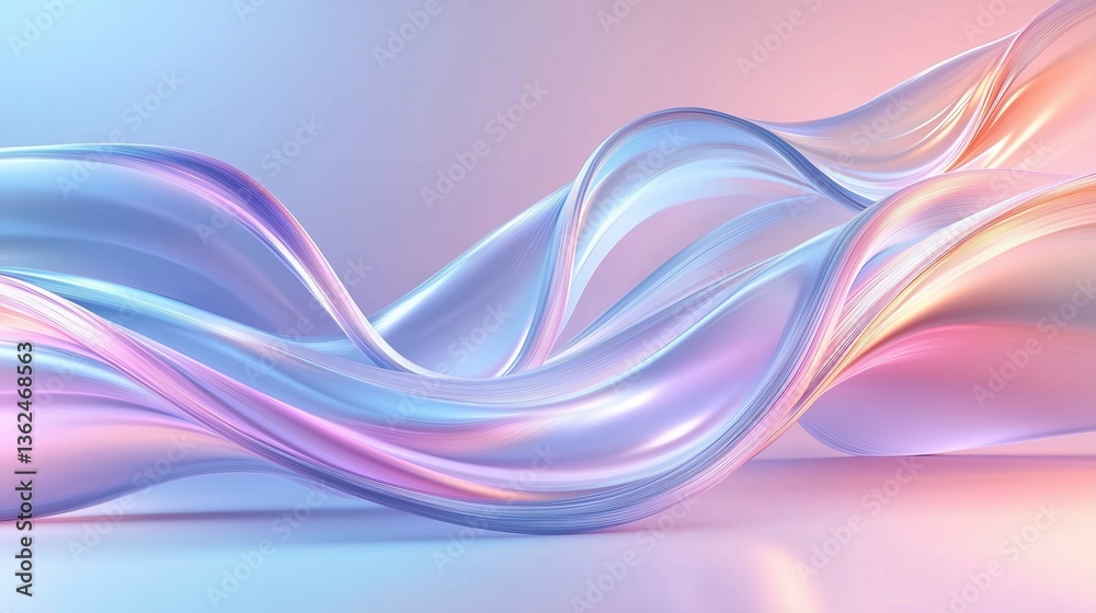 Poster 3d rendered abstract pastel background with wavy flowing holographic shapes in soft blue, pink, and 