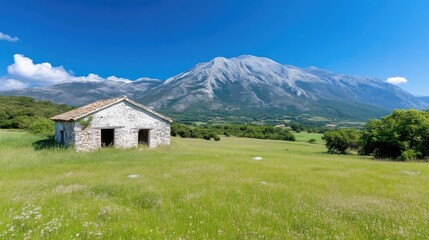 Obraz premium Rustic stone building in a lush green meadow with mountains in the background