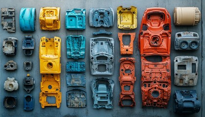 Automotive plastic car parts efficiently arranged for optimal recycling process, showcasing innovative approaches in recycling and sustainability within the automotive industry.