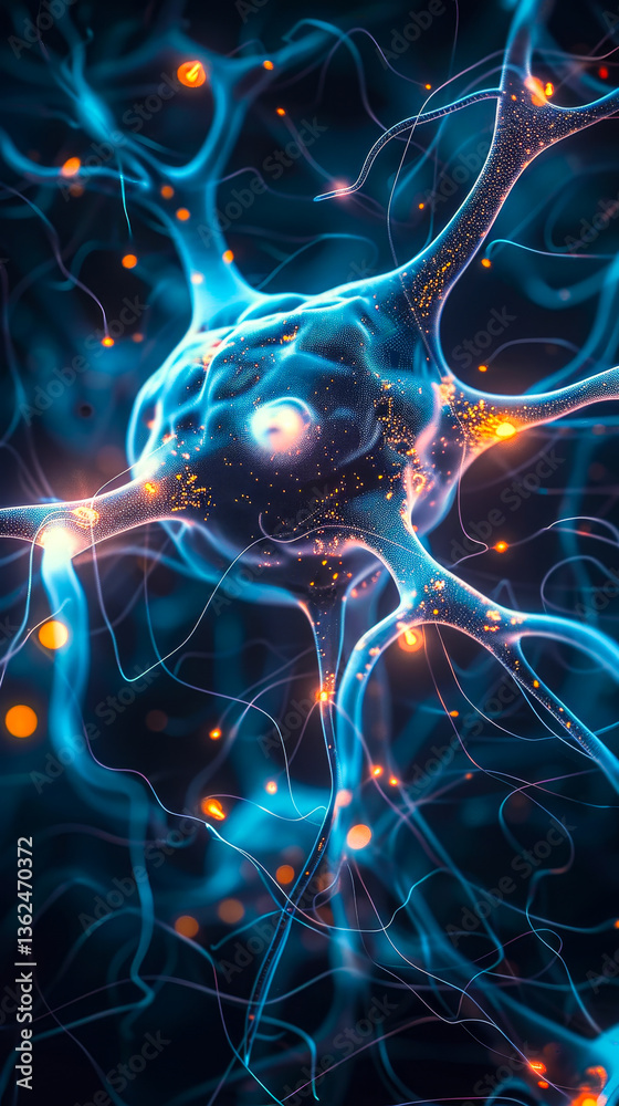 Poster futuristic neural network with bioluminescent connectivity visualizing direct brain-ai interface con