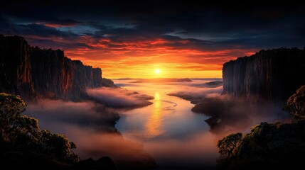 Fiery Sunset over Misty Canyon River