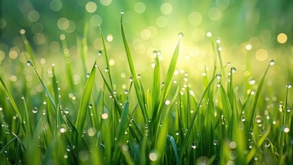 Fototapeta premium Morning Dew Glistens on Lush Green Blades of Grass in the Soft Light of Dawn