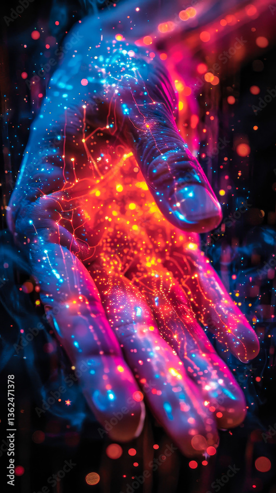 Poster futuristic hand interacting with digital interface displaying neon data visualizations and technolog
