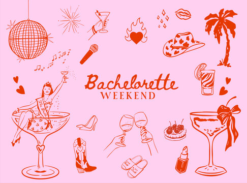Set of hand drawn Bachelorette Weekend doodle icons, Minimal line art Cowgirl Hen Party illustrations, Whimsical Bachelorette vector icons for T-shirts, invitations and web design