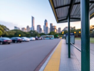 Urban Park Bus Stop with City Skyline at Dusk, Queensland, Australia