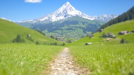Fototapeta premium Scenic mountain path through vibrant green meadows, leading to a snowy peak