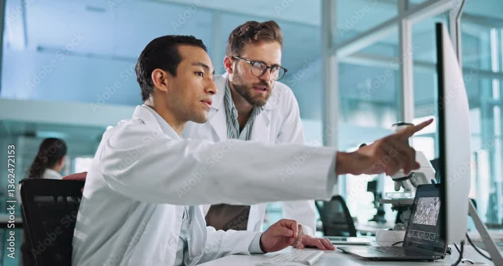 Aufkleber science, research and men in lab, computer and teamwork with discussion, results for experiment or i