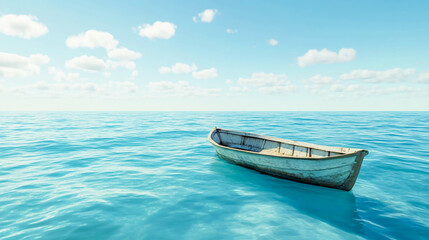 A lone fishing boat floating in the vast open ocean under a clear sky, surrounded by endless blue waters