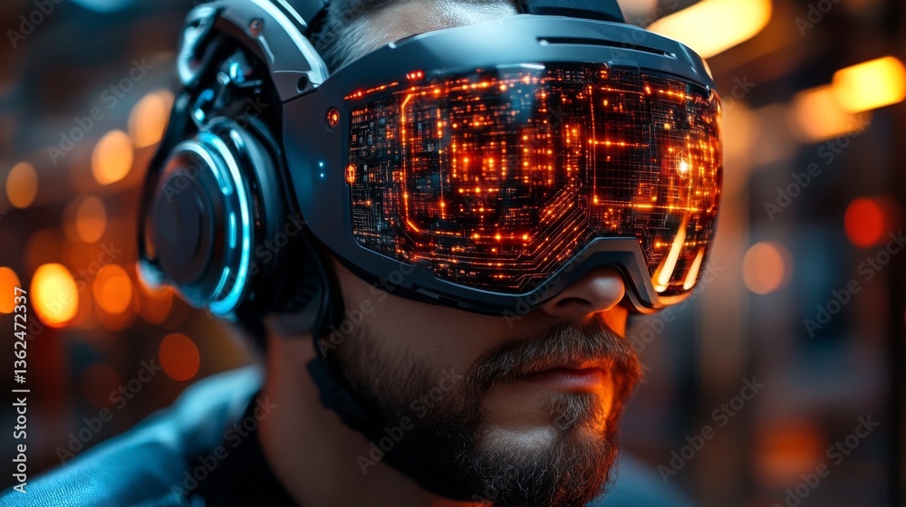 Poster A professional wearing futuristic augmented reality goggles engaged in monitoring logistics operations. The setting is illuminated, emphasizing automation and mobility in modern infrastructure.
