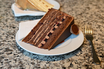 a slice of a delicious chocolate cake with lots of creamy chocolate layers on a plate at a cafe in Aichach, Bavaria, Germany