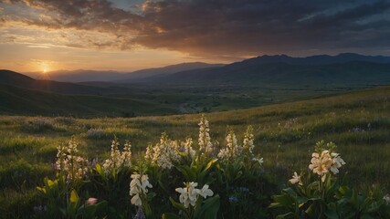 Fototapeta premium A serene landscape at sunset, featuring blooming flowers in a lush green valley.