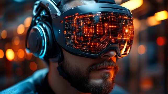 A professional wearing futuristic augmented reality goggles engaged in monitoring logistics operations. The setting is illuminated, emphasizing automation and mobility in modern infrastructure.