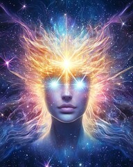 A mesmerizing representation of consciousness, featuring a figure with radiant energy and swirling colors, embodying the connection to the universe.