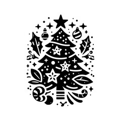 A Stylized, Black and White Christmas Tree Design Adorned with Ornaments, Holly, Stars, and Dots within a White Background.