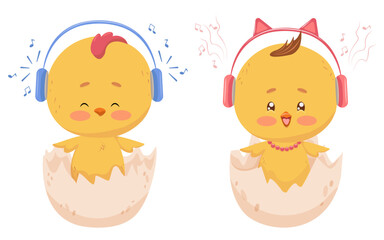 Two cute chickens sitting in shell, listening to music and singing. Vector isolated drawing brother and sister - chicken chicks. Boy wearing blue headphones, girl wearing pink headphones. Print