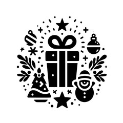 Festive Black and White Christmas Emblem: Gift Box Surrounded by Ornaments, Stars, Snowman, and Seasonal Foliage, Ideal for Holiday Designs.