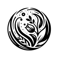 Stylized Black and White Circular Floral Design Featuring a Tulip, Leaves, and Abstract Swirls, evoking natural elegance.