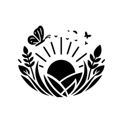 A black and white vector illustration featuring a sun rising over a field of tall grass and leaves, with butterflies and birds in flight, evoking a serene atmosphere.